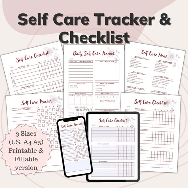 Self Care Tracker, Self Care Checklist, Self Care Template, Self Care Plan, Fillable PDF, Wellness Planner, Mental Health Tracker