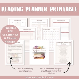 Reading Planner Printable, Reading Journal, Reading Log, Reading Tracker, Book Review Template, Reading Challenge, Book Lover Gift, Book Log