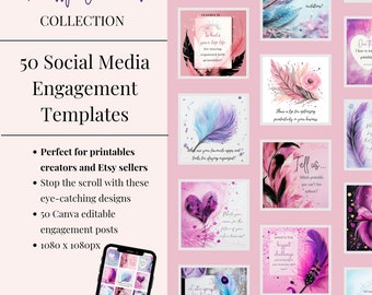 Pretty Vibrant Social Media Templates, Instagram Posts, Editable Canva Template, Engagement Social Media Posts for Printable Sellers