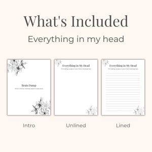 May include: A set of three white paper pages with floral corner designs. The pages are labeled "Intro", "Unlined", and "Lined". Text on the pages includes "What's Included", "Everything in my head", and "Brain Dump".