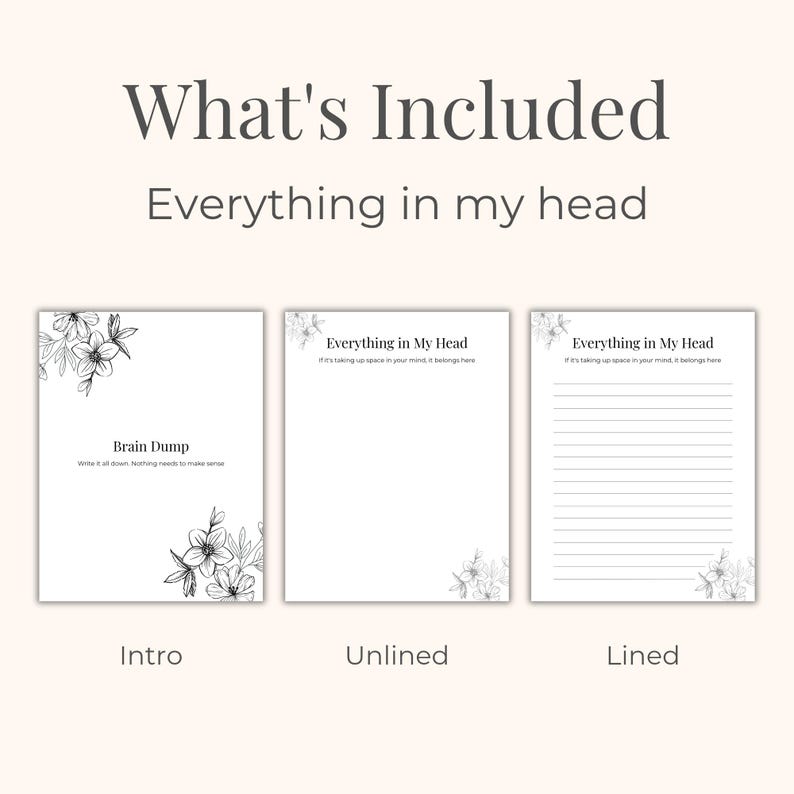 May include: A set of three white paper pages with floral corner designs. The pages are labeled "Intro", "Unlined", and "Lined". Text on the pages includes "What's Included", "Everything in my head", and "Brain Dump".