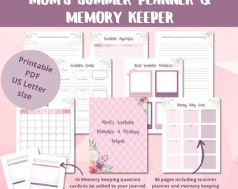 May include: Printable PDF summer planner and memory keeper journal with floral illustrations. The journal includes a calendar, summer goals, best summer memories, rainy day fun, and summer expenses pages. It also includes 16 memory keeping question cards and 2 blank cards to customize.
