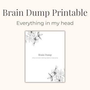 May include: A white printable sheet with the text "Brain Dump Printable" and "Everything in my head". The sheet has floral corner designs and the text "Brain Dump" with the instruction "Write it all down. Nothing needs to make sense."