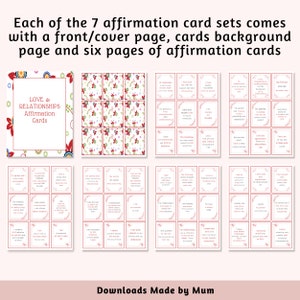 Puede incluir: Siete juegos de tarjetas de afirmaci&oacute;n imprimibles con una p&aacute;gina de portada, una p&aacute;gina de fondo y seis p&aacute;ginas de tarjetas de afirmaci&oacute;n. Las tarjetas presentan un patr&oacute;n floral rojo, blanco y verde. El t&iacute;tulo del juego de tarjetas es "Love & Relationships Affirmation Cards".