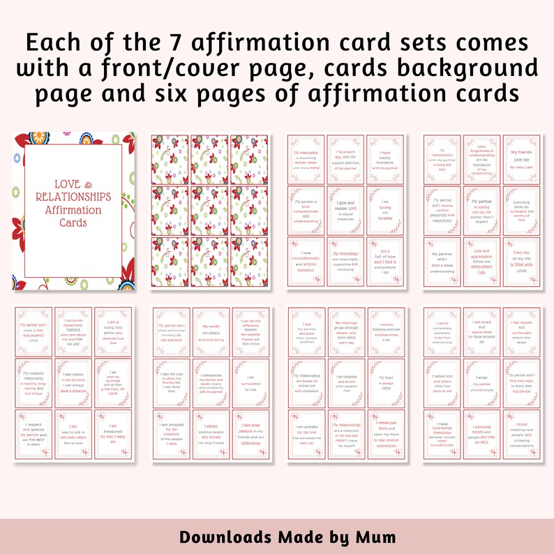 Puede incluir: Siete juegos de tarjetas de afirmaci&oacute;n imprimibles con una p&aacute;gina de portada, una p&aacute;gina de fondo y seis p&aacute;ginas de tarjetas de afirmaci&oacute;n. Las tarjetas presentan un patr&oacute;n floral rojo, blanco y verde. El t&iacute;tulo del juego de tarjetas es "Love & Relationships Affirmation Cards".