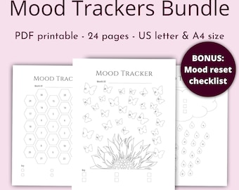 Printable Mood Tracker Bundle, Emotion Tracker, Daily Mood Log, Minimalist Mood Journal, Fancy Mood Chart, Mental Health Tracker