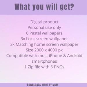 May include: A digital product graphic on a lavender background. The text reads "What you will get?" followed by details about pastel wallpapers, lock screen wallpapers, and home screen wallpapers. The image is compatible with most iPhone and Android smartphones.
