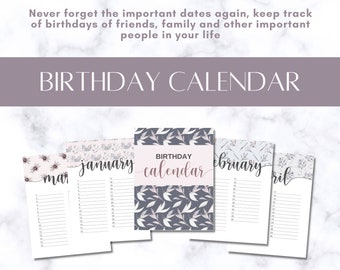 Pode incluir: Calendário de aniversário imprimível com designs florais. O calendário é dividido em 12 meses, com uma página separada para cada mês. O calendário está em um esquema de cores rosa claro e cinza. O texto "BIRTHDAY CALENDAR" está na parte superior da página.