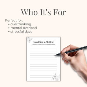 May include: A white notepad with the text "Everything in My Head" and lined pages. The notepad has floral illustrations in the corners. A black pen is held over the notepad. The text "Who It's For" is at the top.