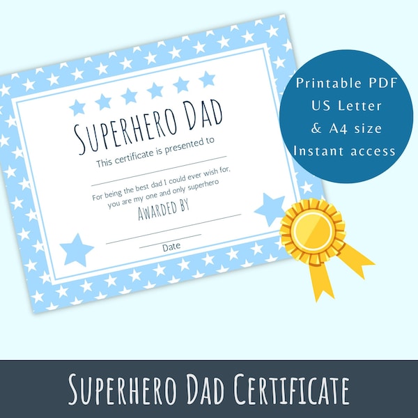 Dad Certificate, Father's Day Present, World's Best Dad, Printable Best Dad Award, Dad Gift From Kids, 1st Father's Day, Award For Daddy
