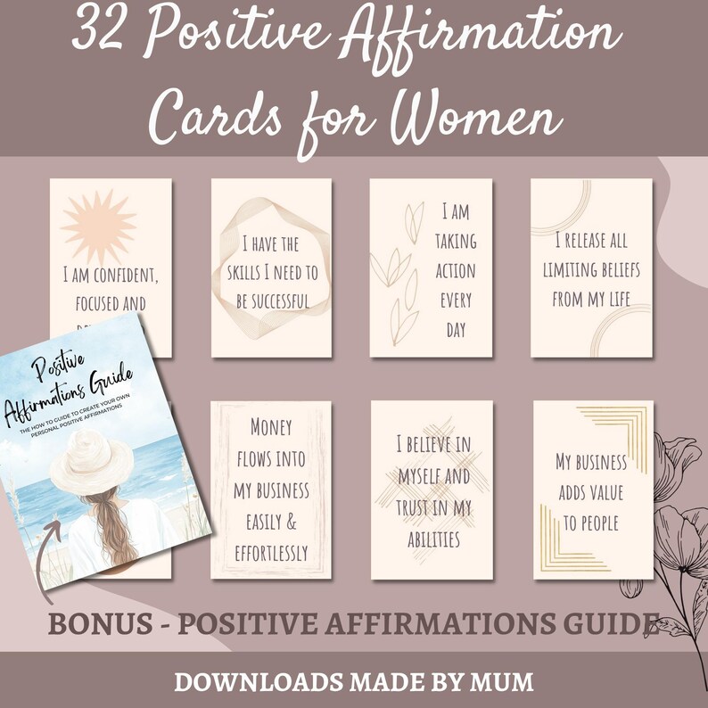 Puede incluir: Un conjunto de 32 tarjetas de afirmaci&oacute;n imprimibles para mujeres con una gu&iacute;a adicional. Las tarjetas presentan un dise&ntilde;o minimalista con acentos beige y dorados. El texto en las tarjetas incluye afirmaciones positivas como "Soy segura de m&iacute; misma, enfocada y" y "Tengo las habilidades que necesito para tener &eacute;xito".