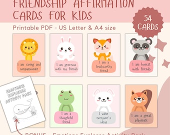 Puede incluir: Un conjunto de 54 tarjetas de afirmación imprimibles para niños con lindas ilustraciones de animales y mensajes positivos. Las tarjetas están diseñadas para ayudar a los niños a desarrollar la autoestima y la confianza en sí mismos. El conjunto también incluye un paquete de actividades de explorador de emociones de bonificación.