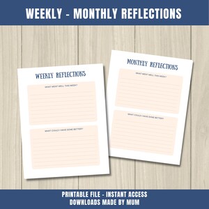 Pode incluir: P&aacute;ginas imprim&iacute;veis de di&aacute;rio de reflex&atilde;o semanal e mensal com o texto "Reflex&otilde;es semanais" e "Reflex&otilde;es mensais". As p&aacute;ginas t&ecirc;m linhas para escrever e o texto "O que correu bem esta semana?" e "O que poderia ter feito melhor?"