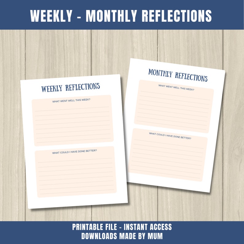 Pode incluir: P&aacute;ginas imprim&iacute;veis de di&aacute;rio de reflex&atilde;o semanal e mensal com o texto "Reflex&otilde;es semanais" e "Reflex&otilde;es mensais". As p&aacute;ginas t&ecirc;m linhas para escrever e o texto "O que correu bem esta semana?" e "O que poderia ter feito melhor?"