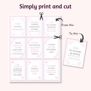 Puede incluir: Cartas de afirmaci&oacute;n de autocuidado imprimibles con acentos florales rosas. Las tarjetas presentan frases como "Duermo profundamente y pac&iacute;ficamente" y "Cuido mi cuerpo comiendo sano y de forma equilibrada".