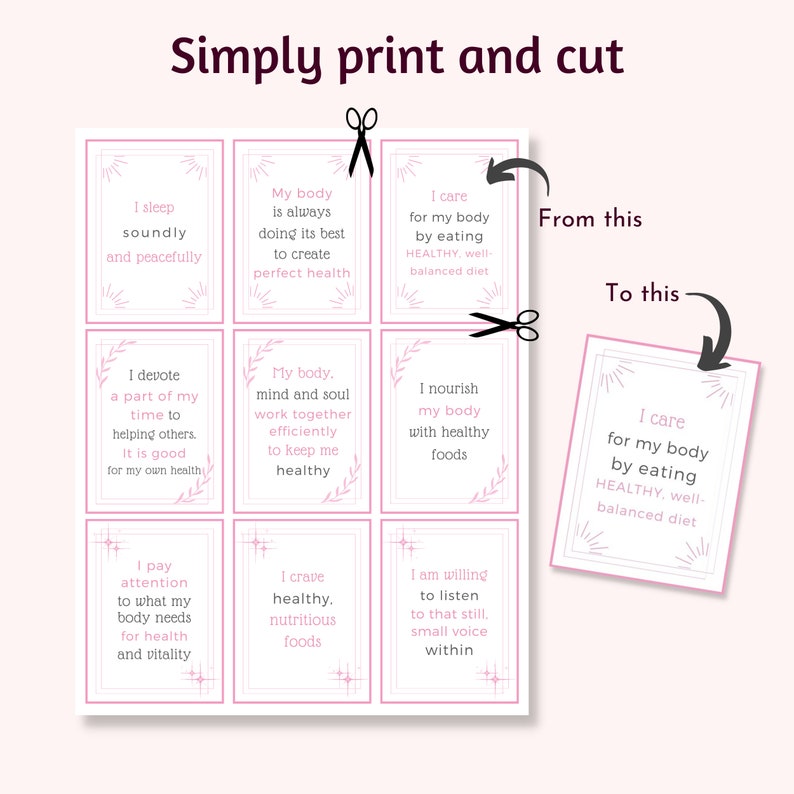 Puede incluir: Cartas de afirmaci&oacute;n de autocuidado imprimibles con acentos florales rosas. Las tarjetas presentan frases como "Duermo profundamente y pac&iacute;ficamente" y "Cuido mi cuerpo comiendo sano y de forma equilibrada".