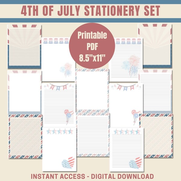 Ensemble de papeterie imprimable du 4 juillet, imprimés patriotiques, ensemble d'écriture de lettres, dessins du 4 juillet, papeterie non doublée, ensemble de lettres