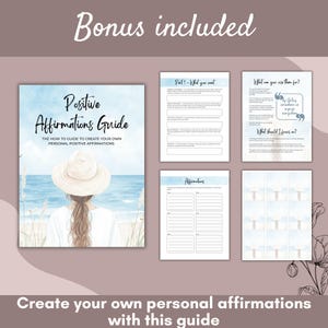 Puede incluir: Una gu&iacute;a para crear afirmaciones positivas personales. La portada presenta una ilustraci&oacute;n de acuarela de una mujer con un sombrero mirando al oc&eacute;ano. El texto "Positive Affirmations Guide" est&aacute; en negrita, en negro.