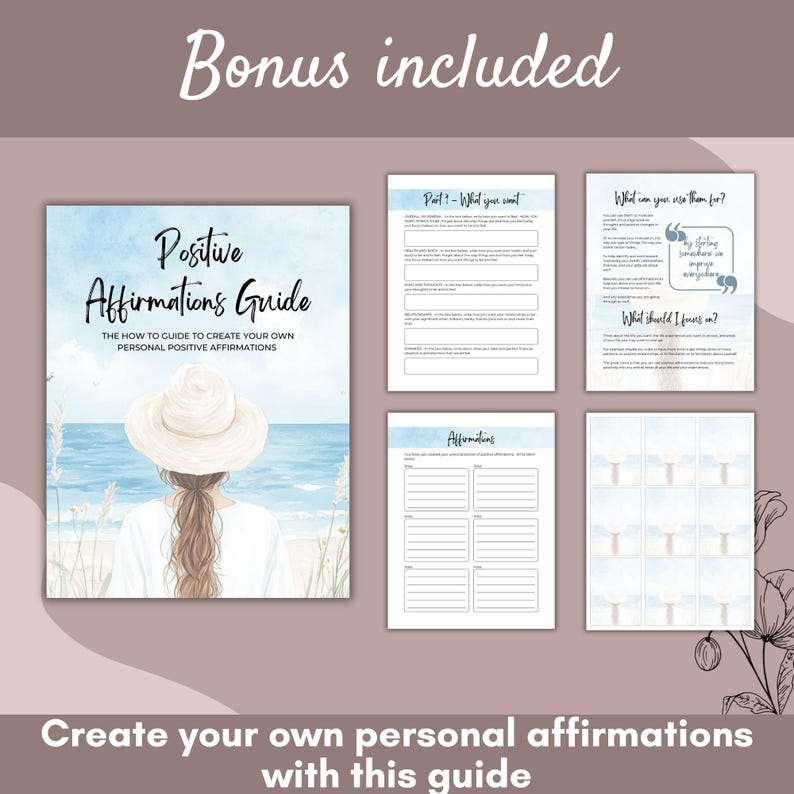 Puede incluir: Una gu&iacute;a para crear afirmaciones positivas personales. La portada presenta una ilustraci&oacute;n de acuarela de una mujer con un sombrero mirando al oc&eacute;ano. El texto "Positive Affirmations Guide" est&aacute; en negrita, en negro.