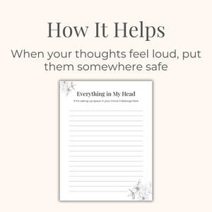 May include: A white lined journal page with the text "Everything in My Head" and the phrase "If it's taking up space in your mind, it belongs here." Floral illustrations are in the top left and bottom right corners. The text "How It Helps" is at the top.