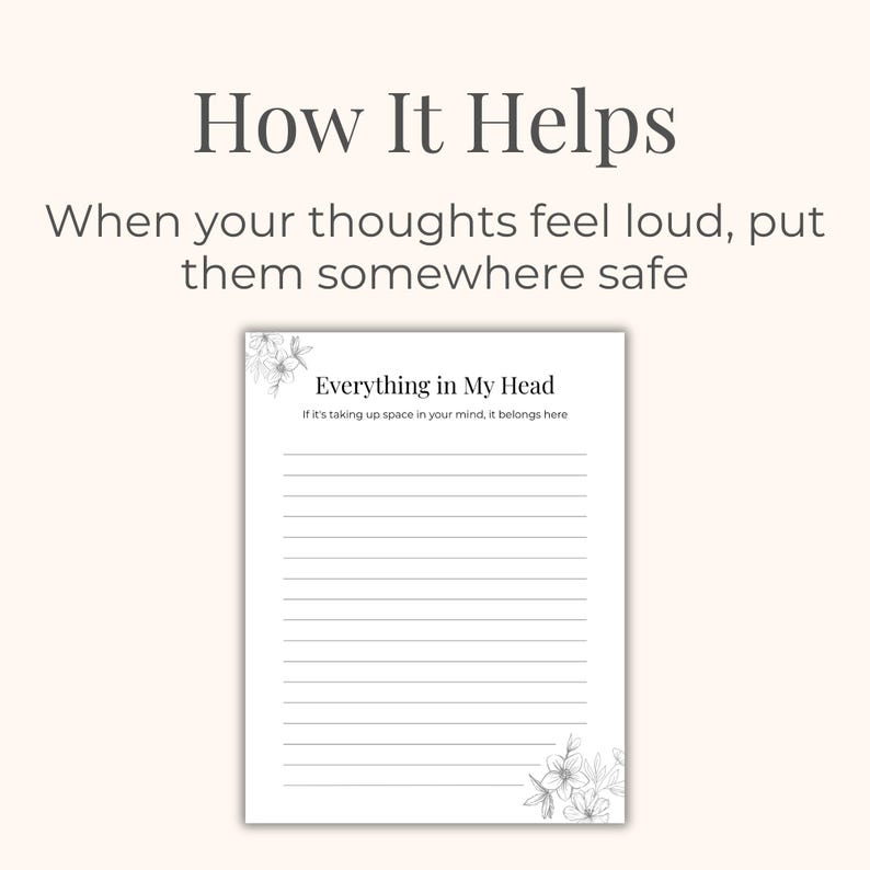 May include: A white lined journal page with the text "Everything in My Head" and the phrase "If it's taking up space in your mind, it belongs here." Floral illustrations are in the top left and bottom right corners. The text "How It Helps" is at the top.