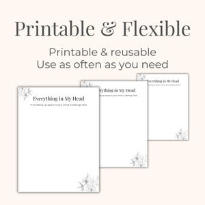 May include: Printable and reusable note sheets with the text "Everything in My Head." The sheets have a floral design in the corners and the text "If it's taking up space in your mind, it belongs here."
