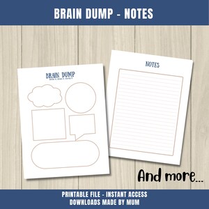 Pode incluir: Folha de trabalho de descarregamento cerebral imprim&iacute;vel com um t&iacute;tulo que diz "Brain Dump: Write it, draw it, dump it." A folha de trabalho tem cinco formas diferentes para brainstorming de ideias. H&aacute; tamb&eacute;m uma p&aacute;gina com linhas para tomar notas. O texto na parte inferior diz "Printable File - Instant Access Downloads Made By Mum."