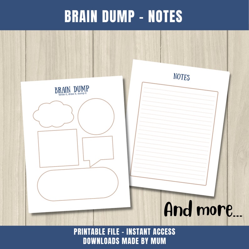 Pode incluir: Folha de trabalho de descarregamento cerebral imprim&iacute;vel com um t&iacute;tulo que diz "Brain Dump: Write it, draw it, dump it." A folha de trabalho tem cinco formas diferentes para brainstorming de ideias. H&aacute; tamb&eacute;m uma p&aacute;gina com linhas para tomar notas. O texto na parte inferior diz "Printable File - Instant Access Downloads Made By Mum."