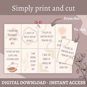Puede incluir: Cartas de afirmaci&oacute;n imprimibles con fondo rosa y detalles dorados. Las cartas presentan afirmaciones positivas como "S&eacute; c&oacute;mo administrar mi tiempo bien" y "Libero todas las creencias limitantes de mi vida".