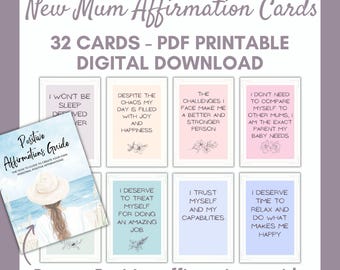 Puede incluir: Un conjunto de 32 tarjetas de afirmación imprimibles para nuevas madres. Las tarjetas presentan afirmaciones positivas como "No estaré privada de sueño" y "Merezco tratarme a mí misma por hacer un trabajo increíble". Las tarjetas están diseñadas en una paleta de colores pastel con ilustraciones florales. La imagen también incluye una guía adicional con consejos para crear afirmaciones positivas personales.
