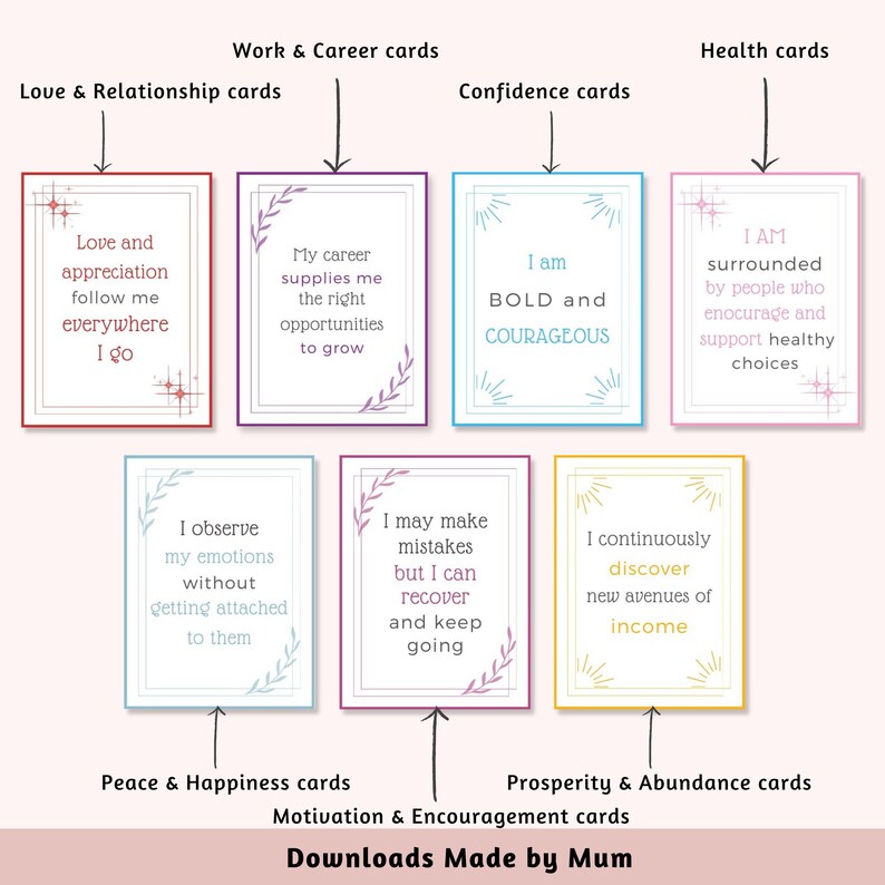 Puede incluir: Un conjunto de tarjetas de afirmaci&oacute;n imprimibles con diferentes categor&iacute;as, que incluyen amor, trabajo, confianza, salud, paz, prosperidad y motivaci&oacute;n. Las tarjetas presentan fondos coloridos y mensajes inspiradores.