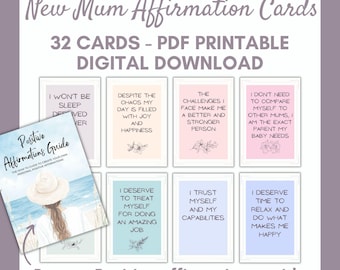 Calming New Mom Affirmation Cards, Printable Positive Cards for Postpartum Support & Daily Self Care (32 Cards and Bonus Guide)