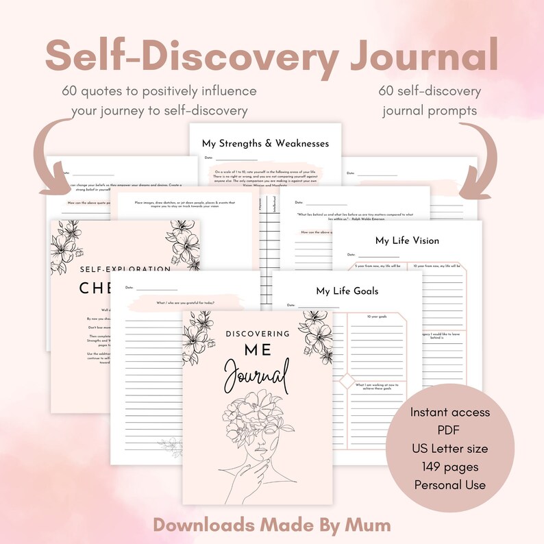 K&ouml;nnte beinhalten: Ein rosa-wei&szlig;es, druckbares Selbstfindungsjournal mit floralem Design und dem Text "Discovering Me Journal". Das Journal enth&auml;lt 60 Zitate, 60 Selbstfindungsjournal-Aufforderungen und 149 Seiten.