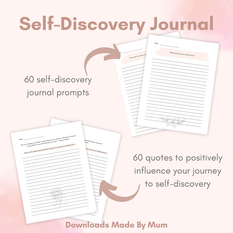 K&ouml;nnte beinhalten: Ein rosa-wei&szlig;es, druckbares Selbstfindungsjournal mit 60 Aufforderungen und 60 Zitaten, um deine Reise zur Selbstfindung positiv zu beeinflussen. Das Journal hat ein florales Design und den Text "Self-Discovery Journal" oben.