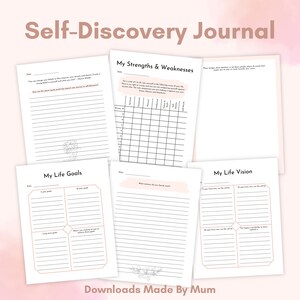K&ouml;nnte beinhalten: Ein druckbares Selbstfindungsjournal mit Abschnitten zur Identifizierung von St&auml;rken und Schw&auml;chen, zur Festlegung von Lebenszielen und zur Definition einer Lebensvision. Das Journal hat ein rosa-wei&szlig;es Farbschema mit einem floralen Design.