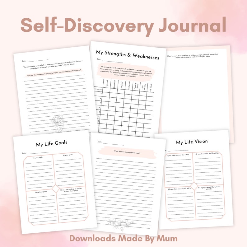 K&ouml;nnte beinhalten: Ein druckbares Selbstfindungsjournal mit Abschnitten zur Identifizierung von St&auml;rken und Schw&auml;chen, zur Festlegung von Lebenszielen und zur Definition einer Lebensvision. Das Journal hat ein rosa-wei&szlig;es Farbschema mit einem floralen Design.