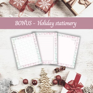 May include: Three printable holiday stationery sheets with a snowflake border. The sheets are white with a light pink and blue snowflake design. The sheets are perfect for writing letters or notes during the holiday season.