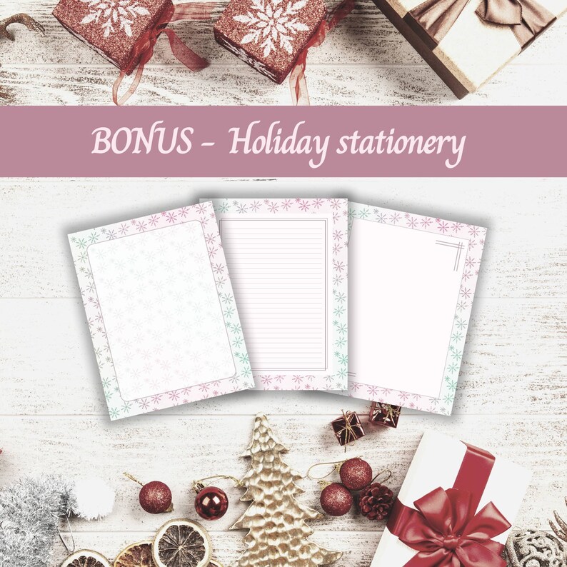 May include: Three printable holiday stationery sheets with a snowflake border. The sheets are white with a light pink and blue snowflake design. The sheets are perfect for writing letters or notes during the holiday season.