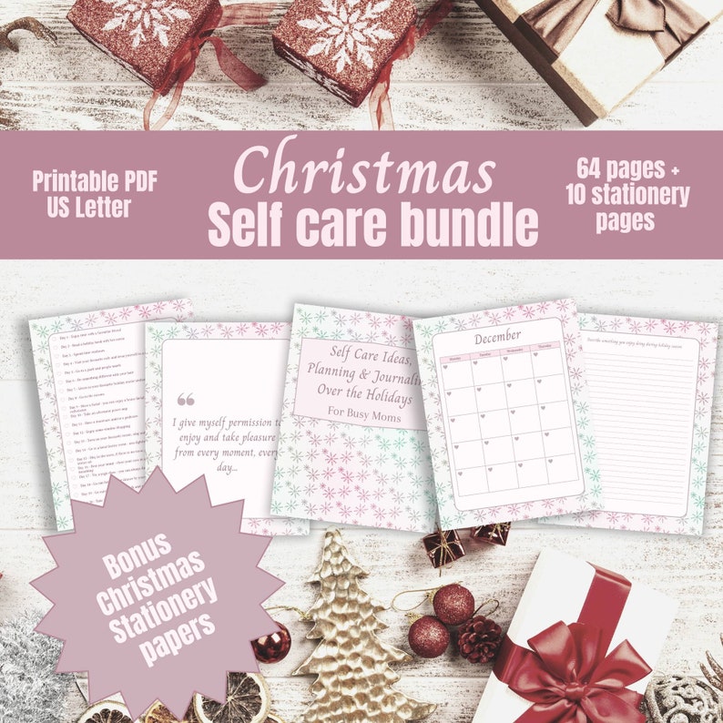 May include: A printable Christmas self-care bundle for busy moms. The bundle includes 64 pages of self-care ideas, planning, and journaling, as well as 10 pages of stationery. The cover features a pink and white snowflake design.