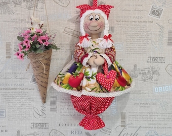 Kitchen bag holder doll Olivia • package dispenser • grocery plastic bag storage • cook room organizer • handmade decorative doll
