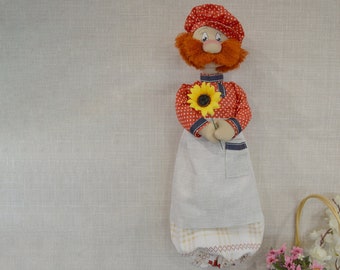 Kitchen Farmer Red Bag Holder Doll • Grocery Plastic Bag Holder • Bag Storage • Bag Organizer • Handmade Decorative Doll