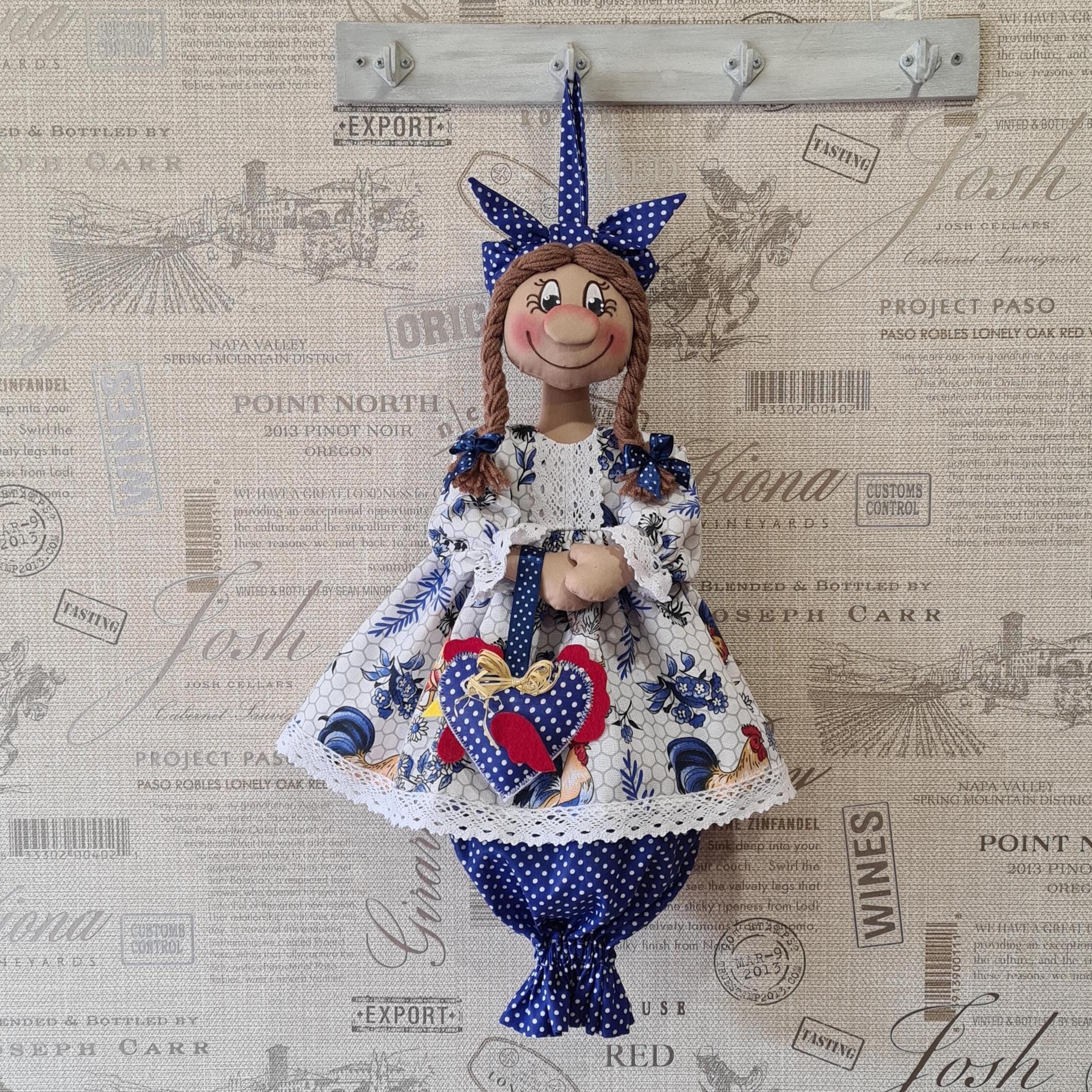 Kitchen Bag Holder Doll Handmade Hanging Plastic Bag Organizer Rustic Country Decor Gift for Mom Reusable Grocery Bag Storage Bag Dispenser