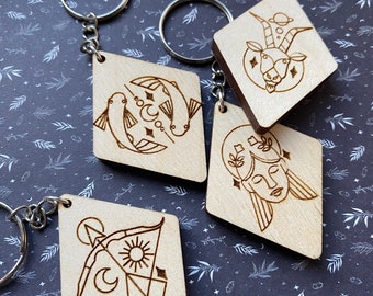 Porte clé en bois gravé - Signe du zodiaque, astrologie, star sign, horoscope