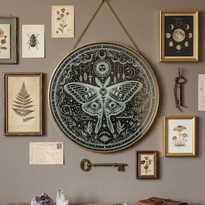 Może przedstawiać: Duże, okrągłe lustro ścienne z czarnym tłem i jasnoniebieskim wzorem ćmy. Lustro otoczone jest złotą ramą i wisi na ścianie z innymi oprawionymi botanicznymi odbitkami i zabytkowymi kluczami. Motywem przewodnim jest niebo i styl vintage.