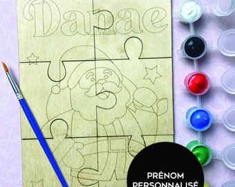 Kit DIY - Puzzle à peindre en bois, spécial Noël avec prénom personnalisé - 6 pièces - Père Noël - Stocking stuffer