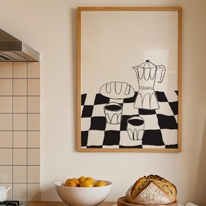 Espresso Sourdough Bread Percolator Poster - Coffee Chessboard Art for Kitchen Decor | Checkered Baking Gift | Moka Pot Neutral Kitchen art