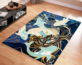 Blue long rectangle,handpaint style fish,carpet yoga door/floor mat,rug,50x120cm 