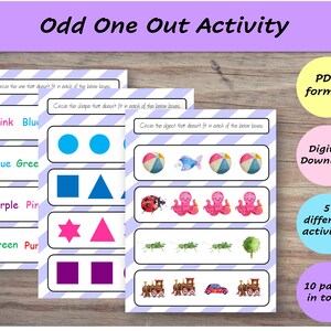 May include: Five printable worksheets for children to practise identifying the odd one out. Each worksheet features a different theme, including colours, shapes, and objects. The worksheets are designed for preschool and kindergarten children.