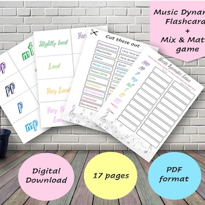 May include: A set of 17 printable flashcards for learning music dynamics. The flashcards feature different musical terms and their corresponding dynamic markings. The set includes a mix and match game for practicing the terms and markings. The text on the flashcards includes: Pianississimo, Pianissimo, Piano, Mezzo-piano, Mezzo-forte, Forte, Fortissimo, Fortississimo, Crescendo, Decrescendo, Very Very Quiet, Very Quiet, Quiet, Slightly, Sigh, Loud, Very Loud, Very Very Loud, PPP, PP, P, mp, mf.