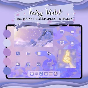 May include: A digital illustration of a tablet screen with a purple and blue gradient background. The screen displays a variety of app icons, including Camera, Books, Photos, Weather, App Store, Files, Reminders, Maps, FaceTime, Podcasts, Apple TV, and Settings. The text "Fairy Violet" and "165 ICONS | WALLPAPERS | WIDGETS" is displayed at the top of the screen.